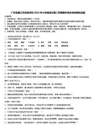 广东省廉江市实验学校2025年七年级语文第二学期期中综合测试模拟试题含解析