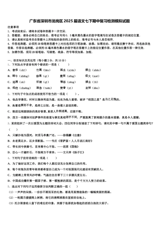 广东省深圳市龙岗区2025届语文七下期中复习检测模拟试题含解析