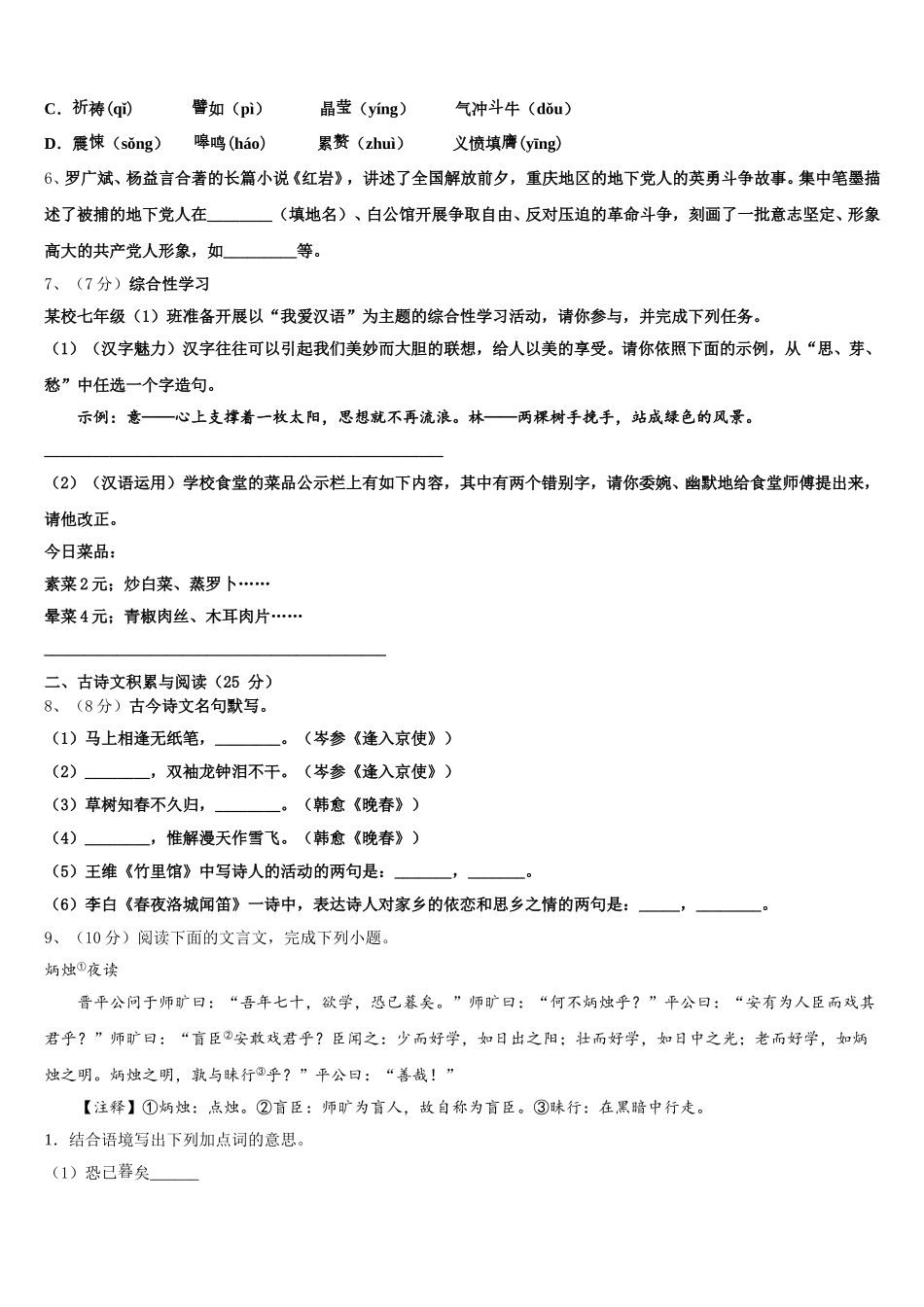 广东省汕尾市名校2025年七下语文期中复习检测模拟试题含解析_第2页