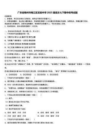 广东省梅州市梅江区实验中学2025届语文七下期中统考试题含解析