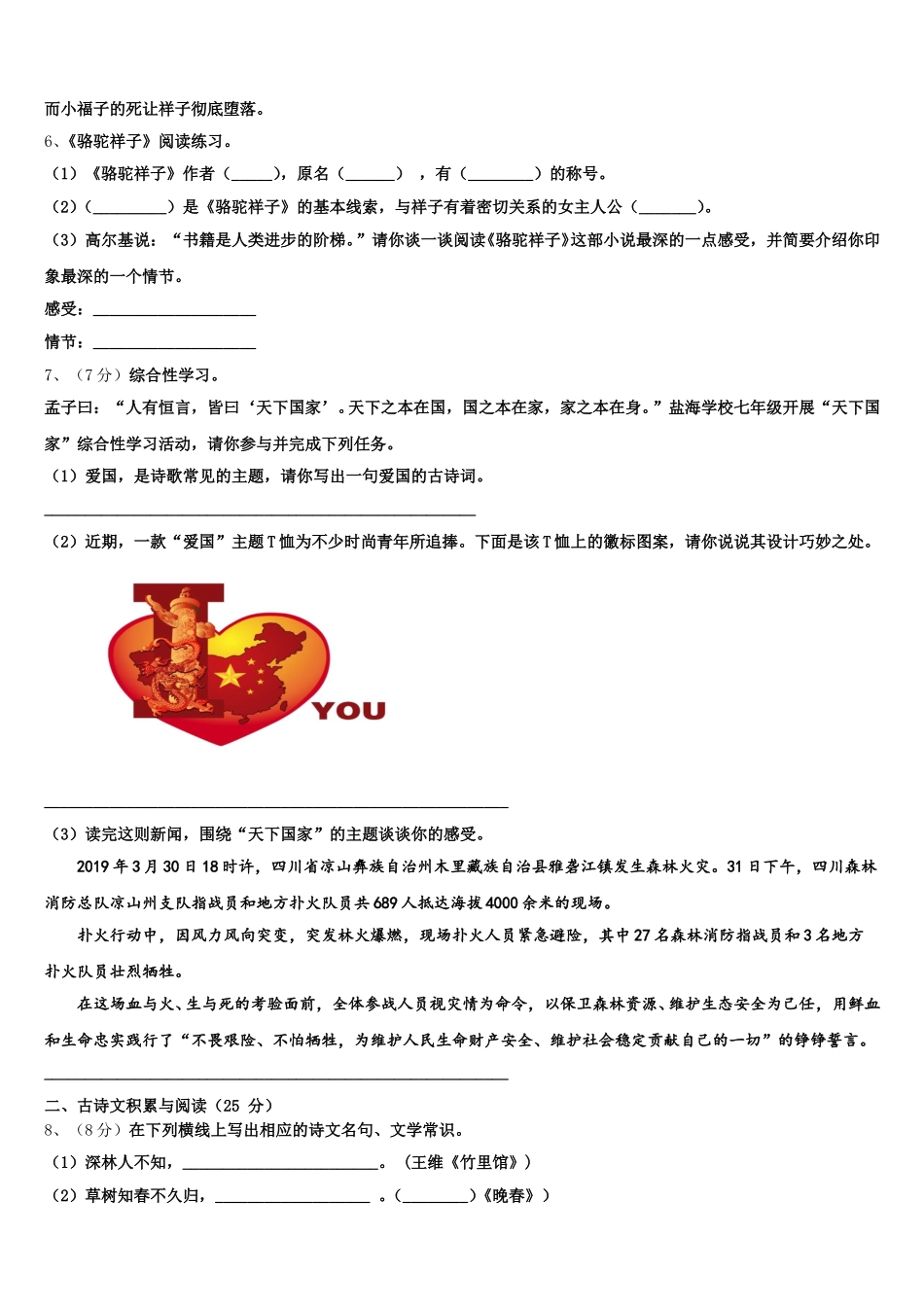 广东省韶关市乳源瑶族自治县2024-2025学年语文七下期中监测试题含解析_第2页