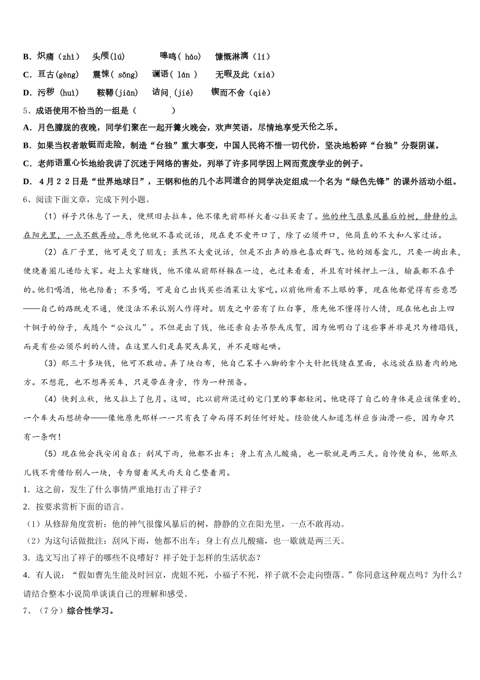 广东省潮阳区华侨中学2024-2025学年七年级语文第二学期期中复习检测模拟试题含解析_第2页