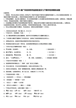 2025届广东省深圳市盐田区语文七下期中检测模拟试题含解析