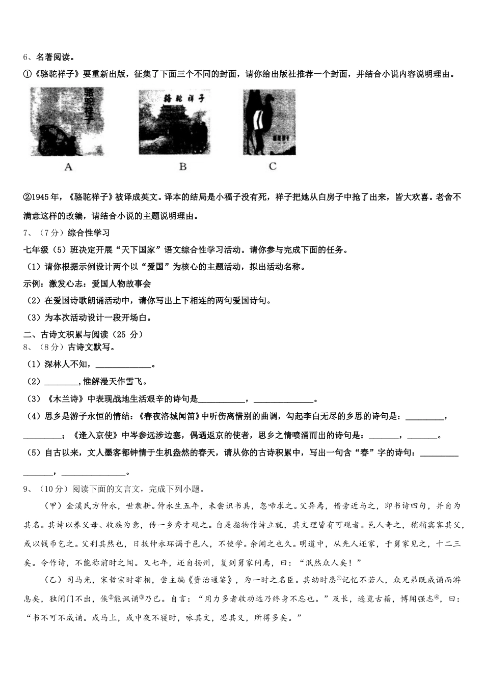 广东省湛江地区六校联考2025届七年级语文第二学期期中统考试题含解析_第2页