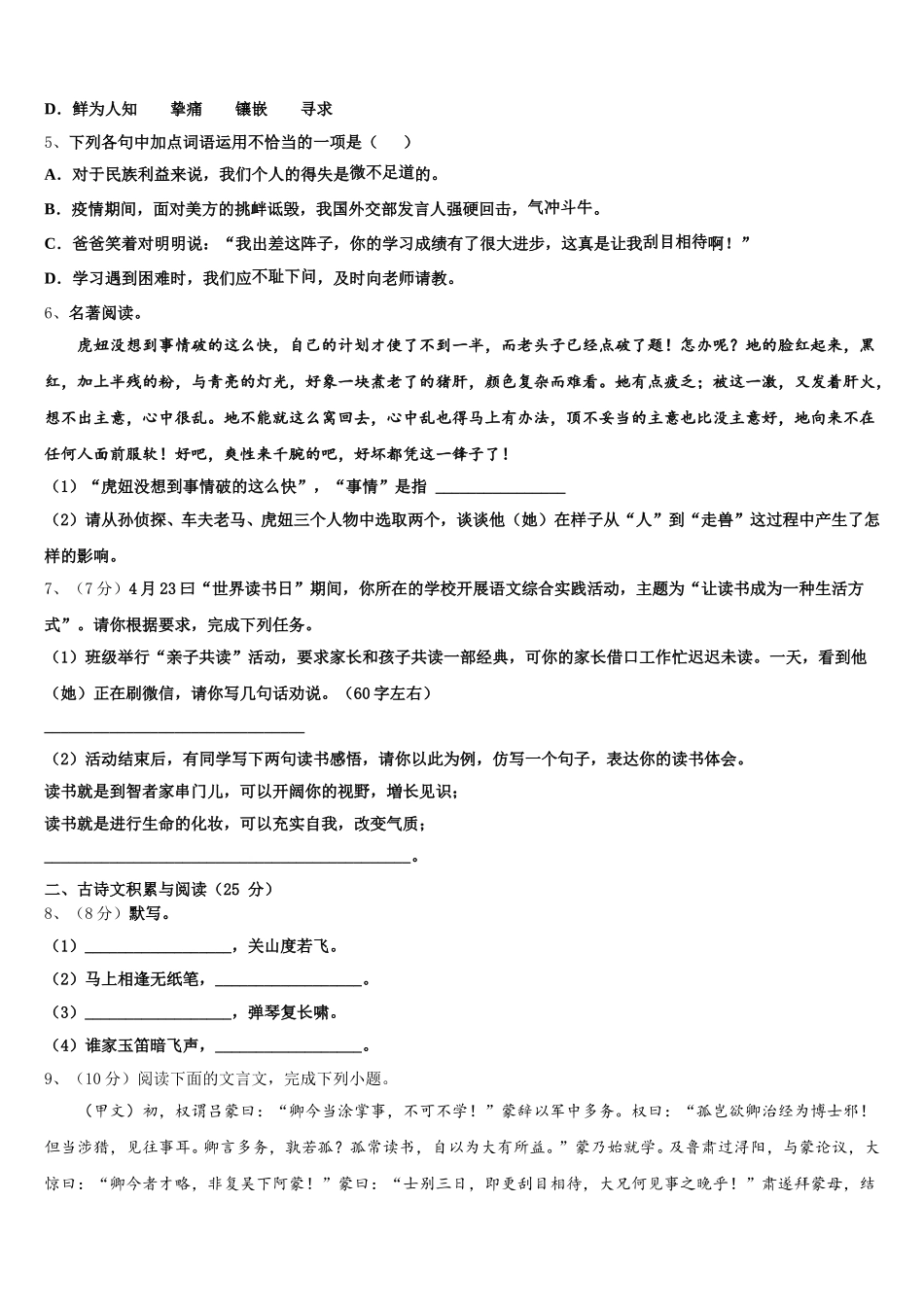 广东省梅州市大埔县2025届七下语文期中联考模拟试题含解析_第2页