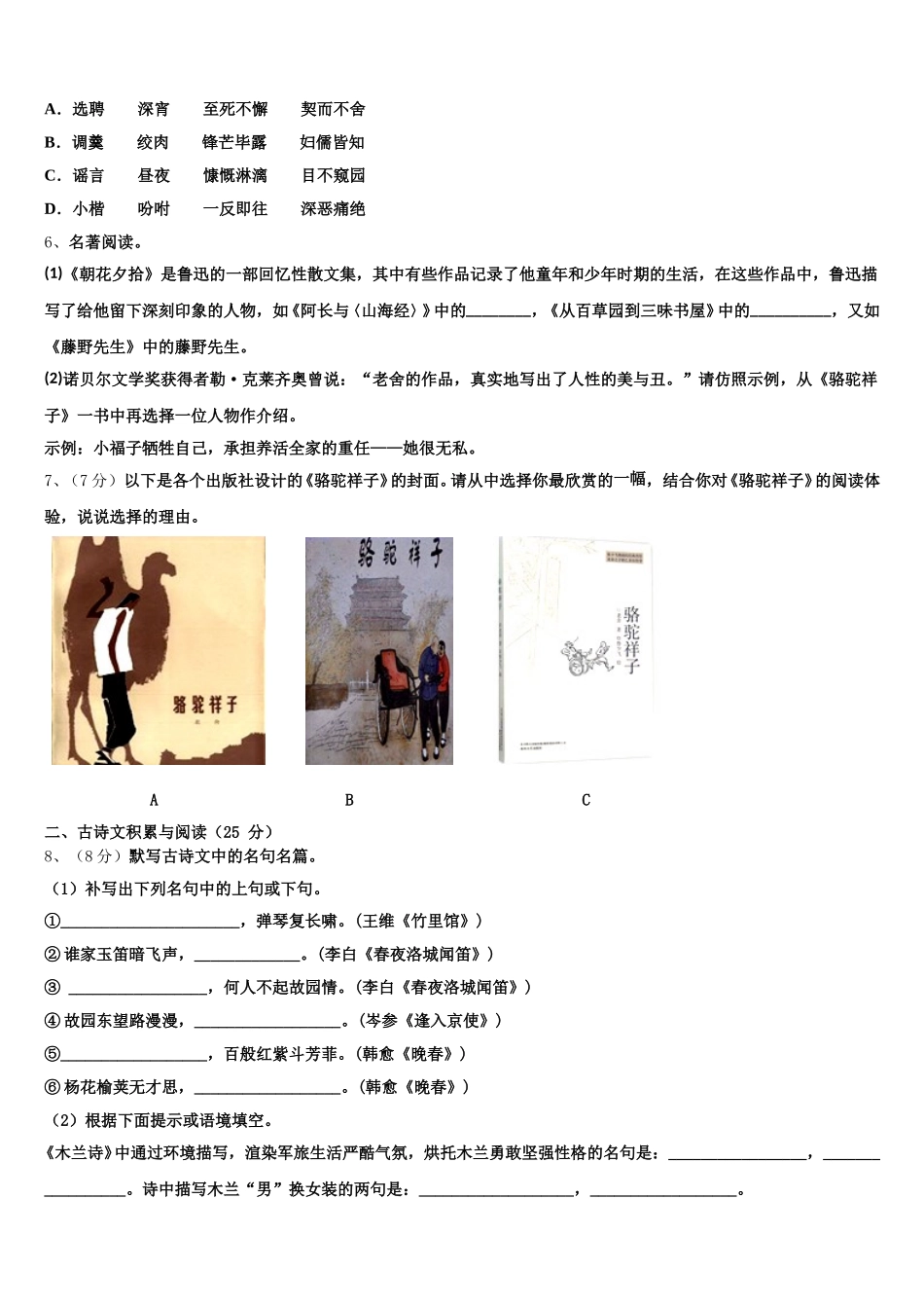 2024-2025学年广东省花都区联安中学七年级语文第二学期期中调研模拟试题含解析_第2页