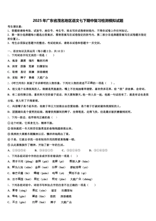 2025年广东省茂名地区语文七下期中复习检测模拟试题含解析