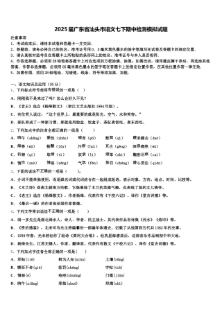 2025届广东省汕头市语文七下期中检测模拟试题含解析