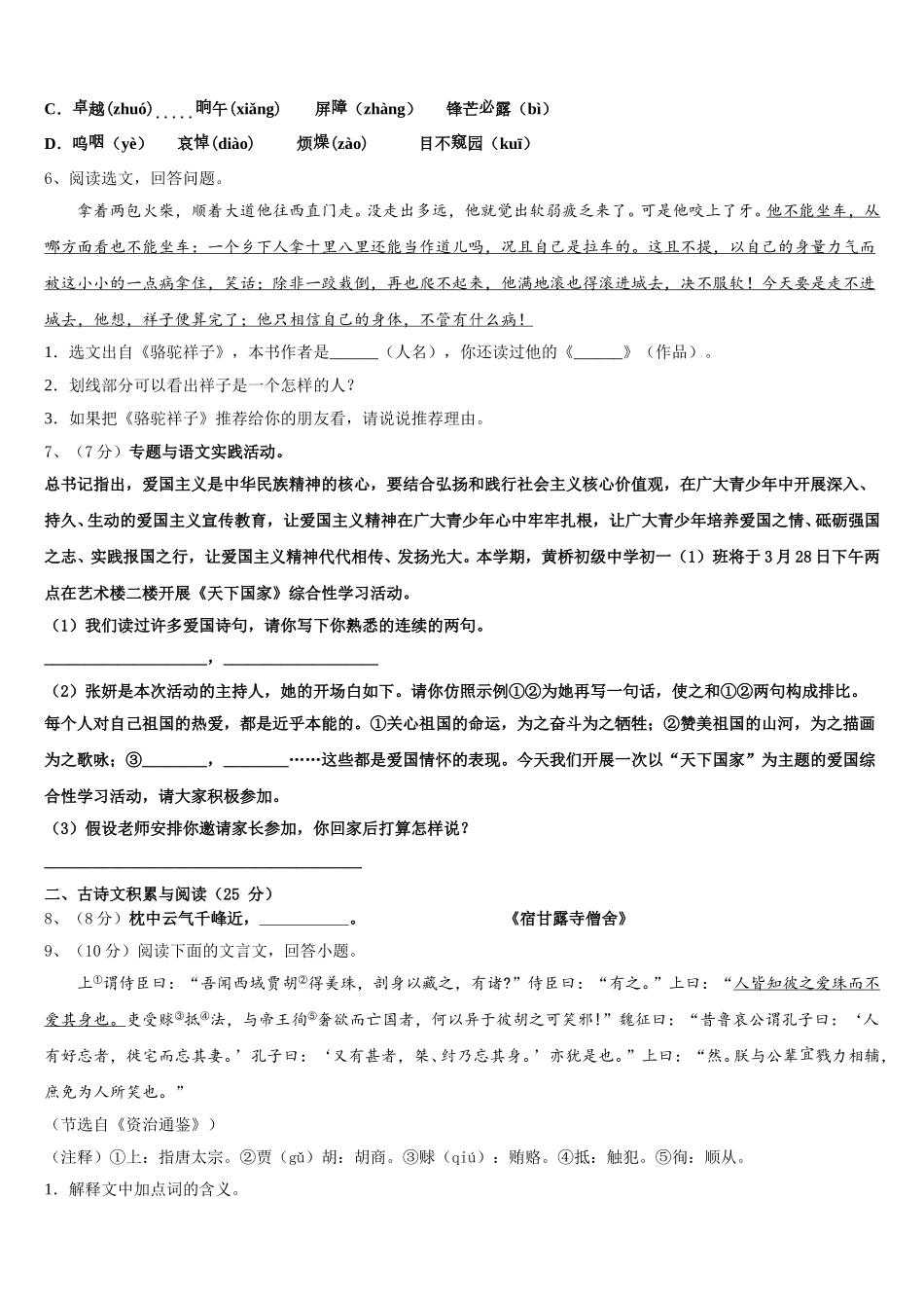 广东省广州市执信中学2025年七年级语文第二学期期中统考模拟试题含解析_第2页