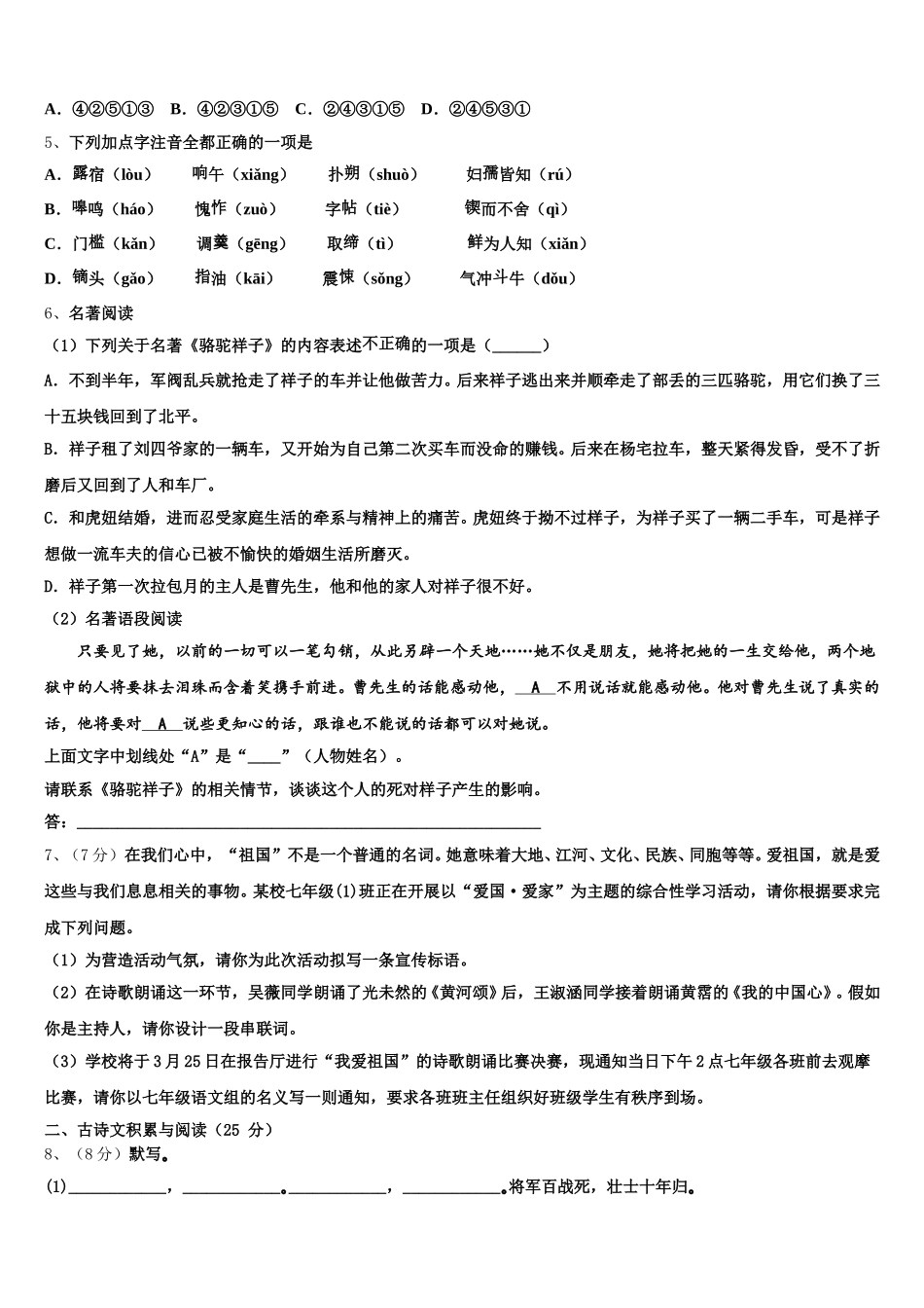 2025年广东省惠州市惠阳区语文七年级第二学期期中联考试题含解析_第2页