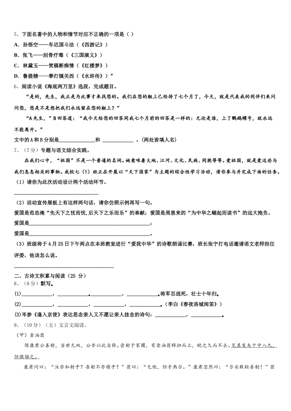 2024-2025学年深圳龙文语文七下期中监测模拟试题含解析_第2页