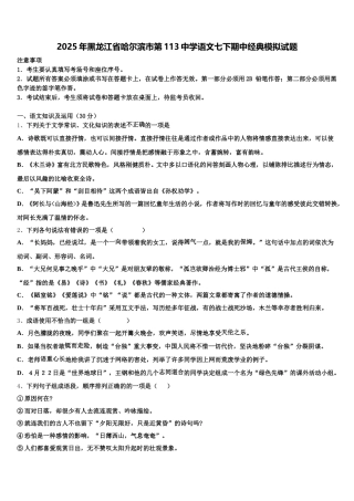 2025年黑龙江省哈尔滨市第113中学语文七下期中经典模拟试题含解析