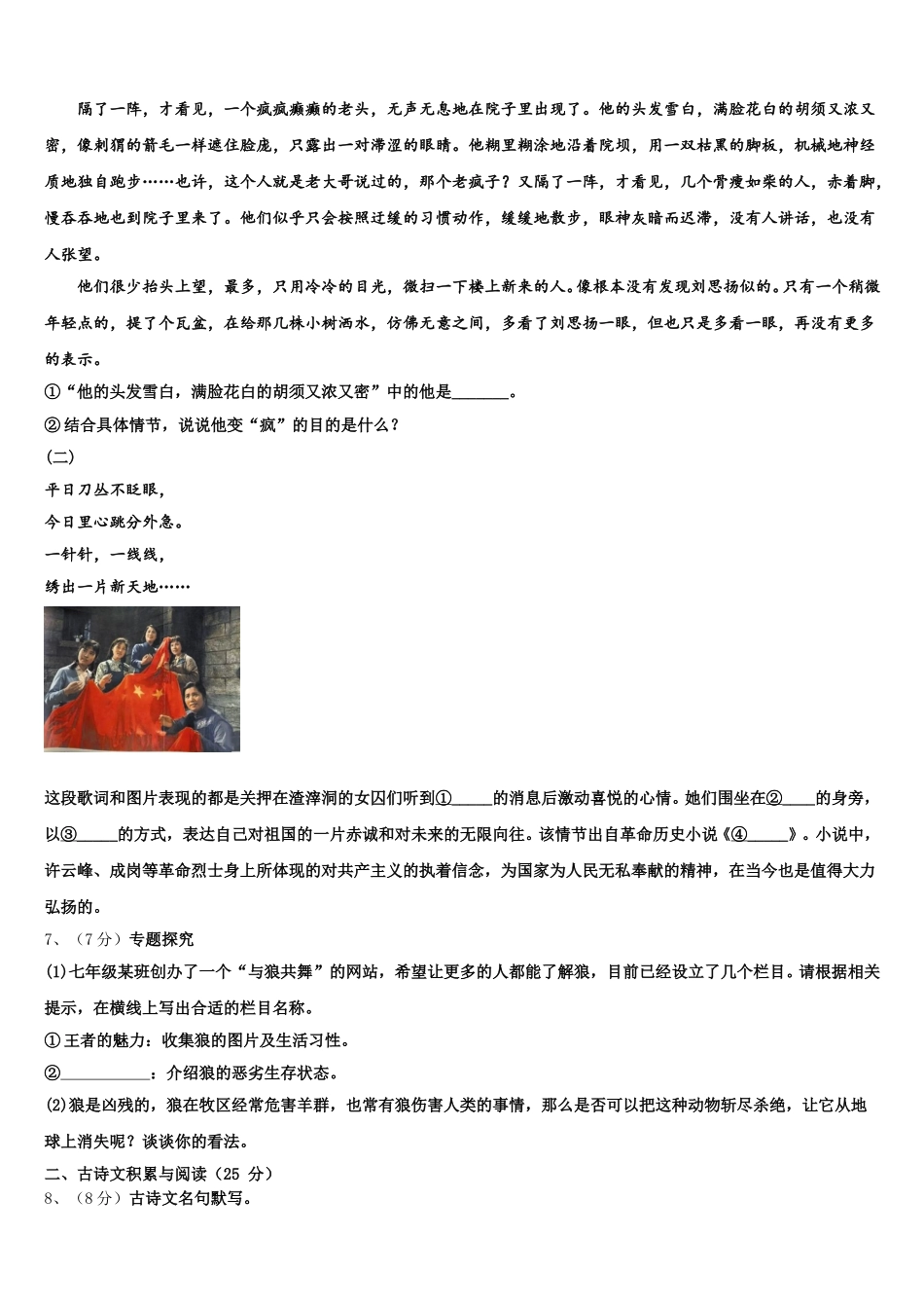 黑龙江省大庆市一中学2024-2025学年七年级语文第二学期期中经典模拟试题含解析_第2页