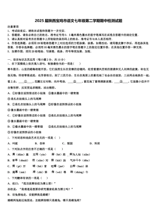 2025届陕西宝鸡市语文七年级第二学期期中检测试题含解析