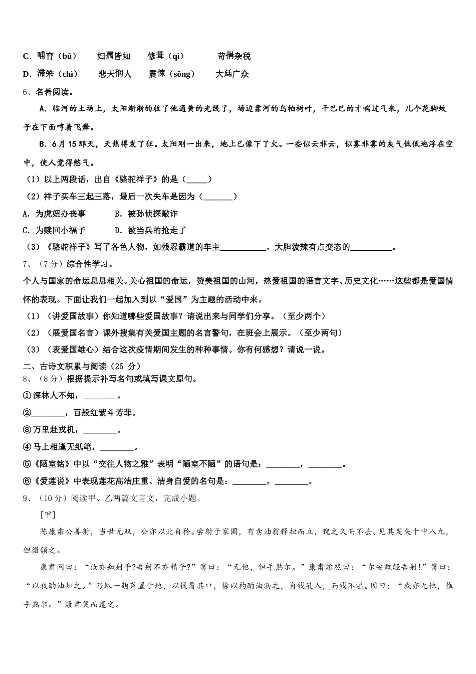2024-2025学年陕西省西安铁一中学七下语文期中复习检测模拟试题含解析_第2页