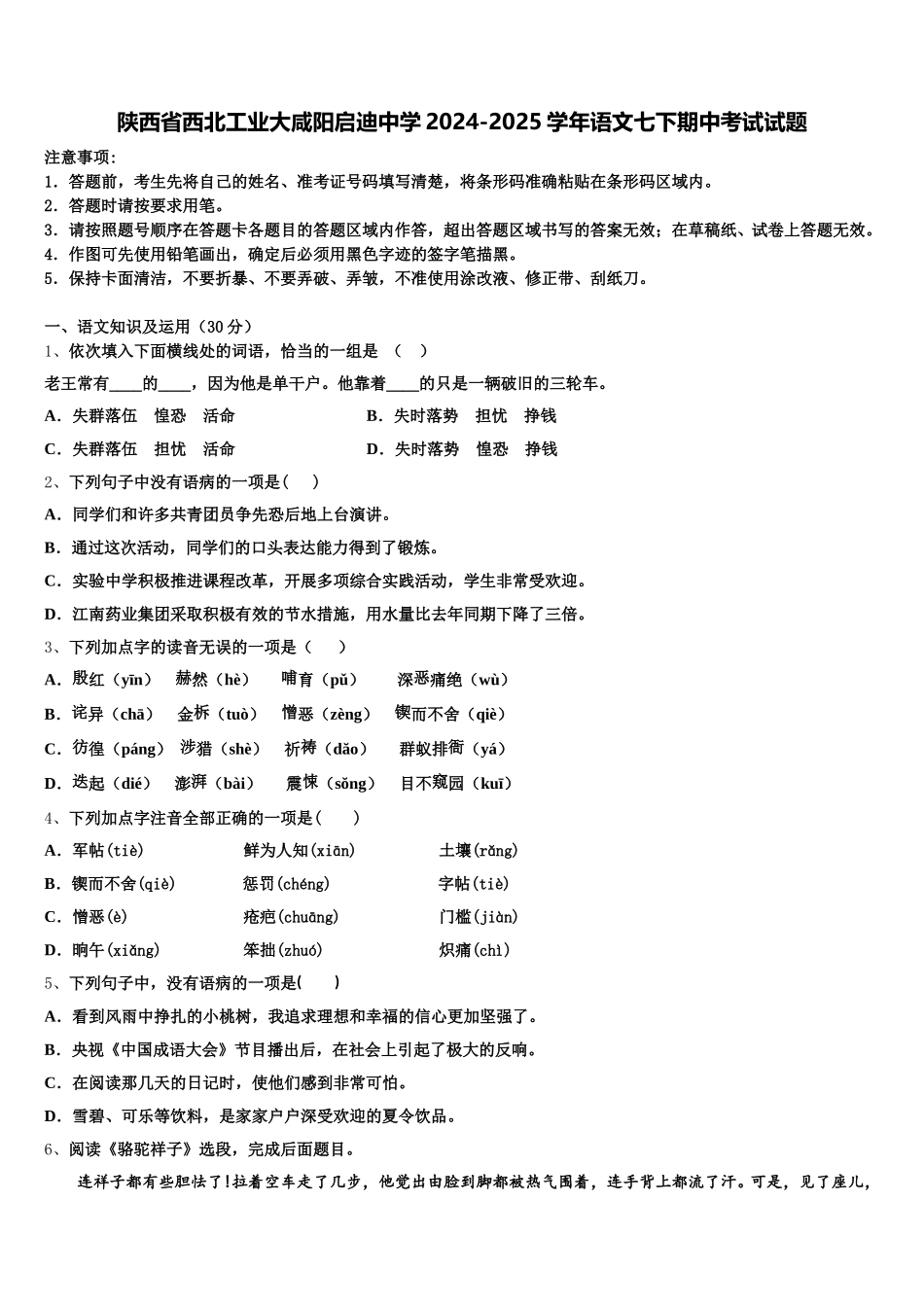 陕西省西北工业大咸阳启迪中学2024-2025学年语文七下期中考试试题含解析_第1页
