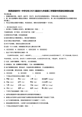 陕西省榆林市一中学分校2025届语文七年级第二学期期中质量检测模拟试题含解析
