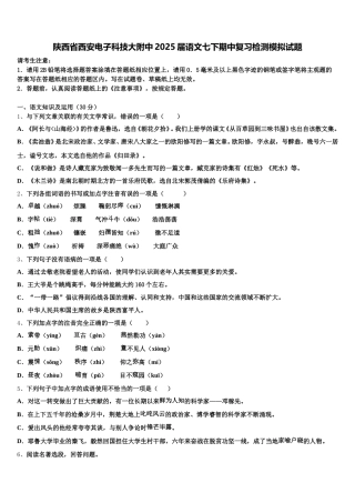 陕西省西安电子科技大附中2025届语文七下期中复习检测模拟试题含解析