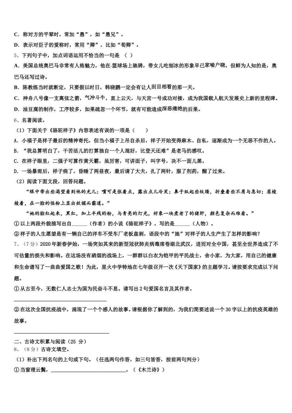 浙江省嘉兴市2024-2025学年语文七下期中考试模拟试题含解析_第2页