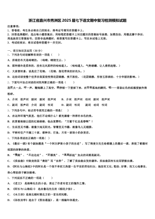 浙江省嘉兴市秀洲区2025届七下语文期中复习检测模拟试题含解析