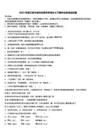 2025年浙江省宁波市东恩中学语文七下期中达标测试试题含解析