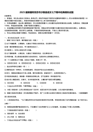 2025届新疆阿克苏市沙雅县语文七下期中经典模拟试题含解析