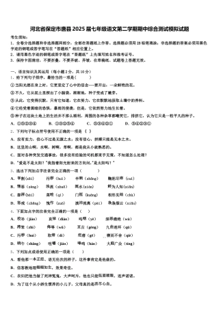 河北省保定市唐县2025届七年级语文第二学期期中综合测试模拟试题含解析