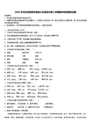 2025年河北省邯郸市磁县七年级语文第二学期期中检测模拟试题含解析