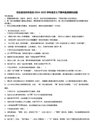 河北省沧州市名校2024-2025学年语文七下期中监测模拟试题含解析