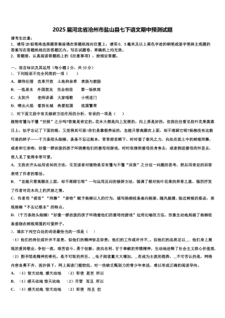 2025届河北省沧州市盐山县七下语文期中预测试题含解析