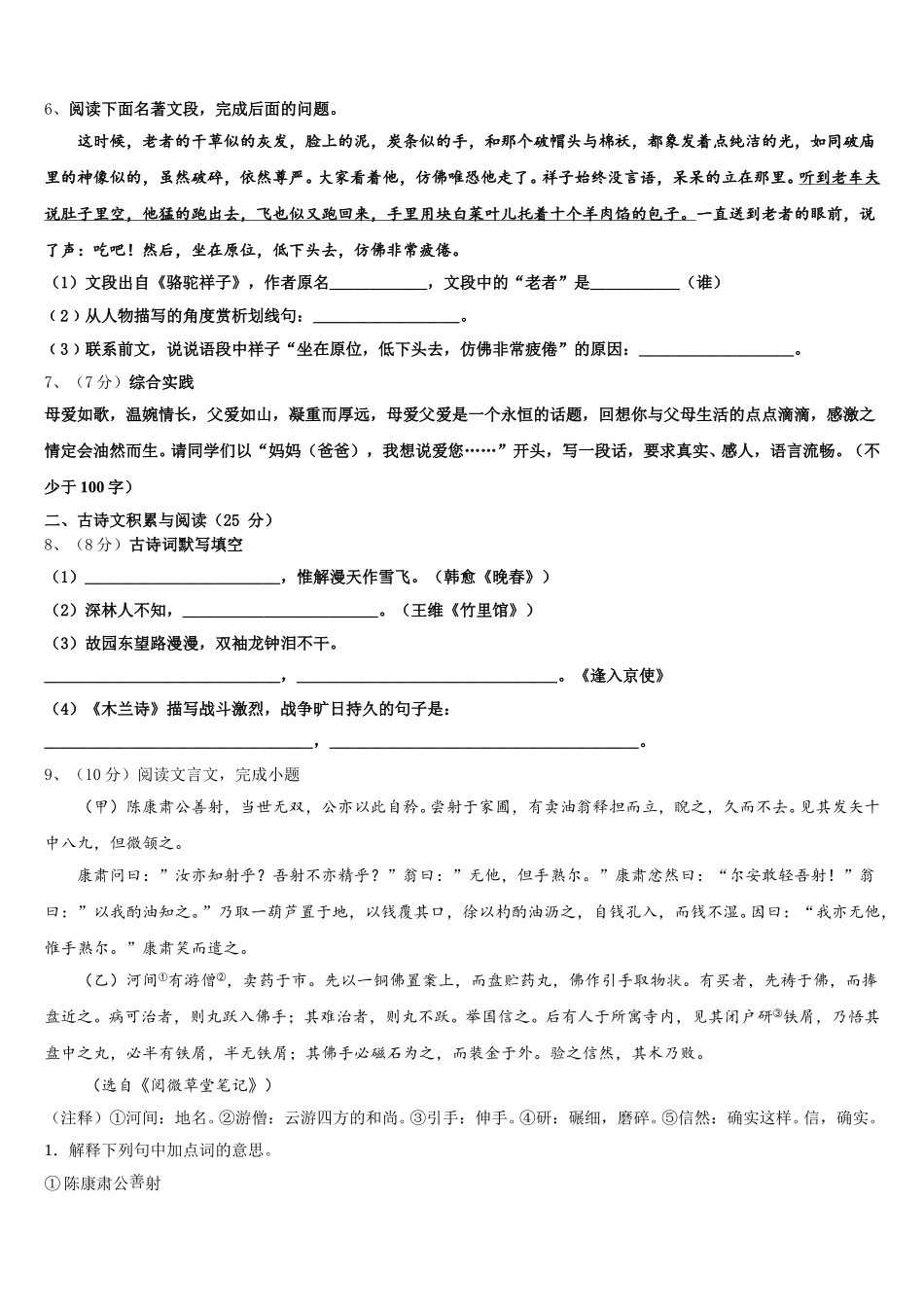 河北省定兴县2024-2025学年七年级语文第二学期期中复习检测试题含解析_第2页