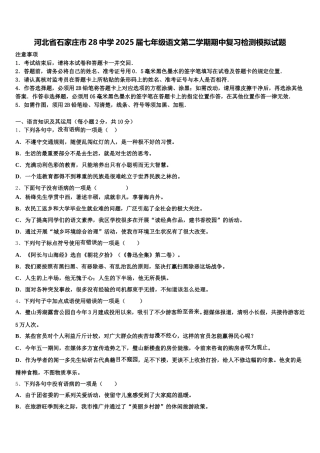 河北省石家庄市28中学2025届七年级语文第二学期期中复习检测模拟试题含解析