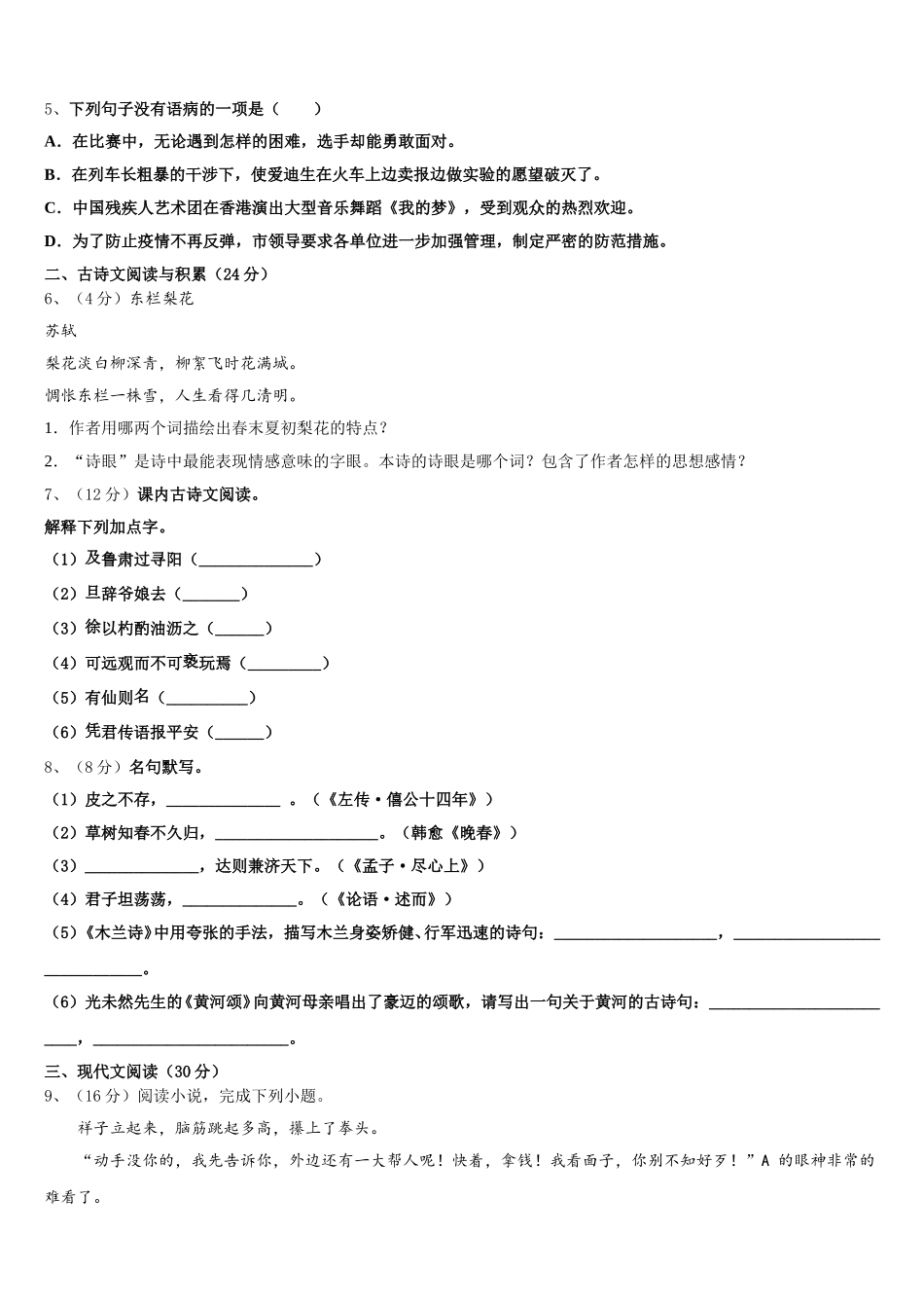 河南省大联考2024-2025学年七年级语文第二学期期中综合测试模拟试题含解析_第2页