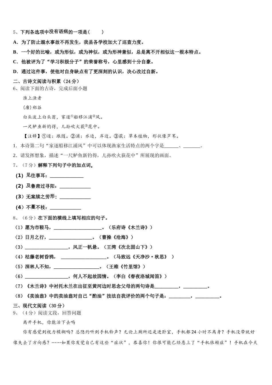 2024-2025学年河南省洛阳市新安县语文七年级第二学期期中复习检测模拟试题含解析_第2页