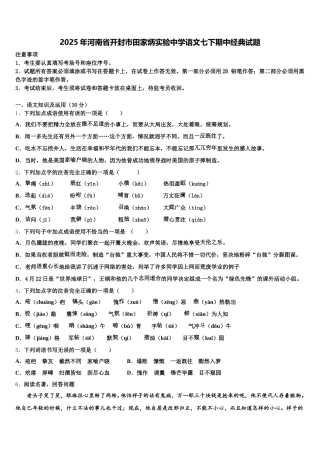 2025年河南省开封市田家炳实验中学语文七下期中经典试题含解析