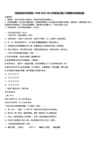 河南省郑州市桐柏一中学2025年七年级语文第二学期期中经典试题含解析