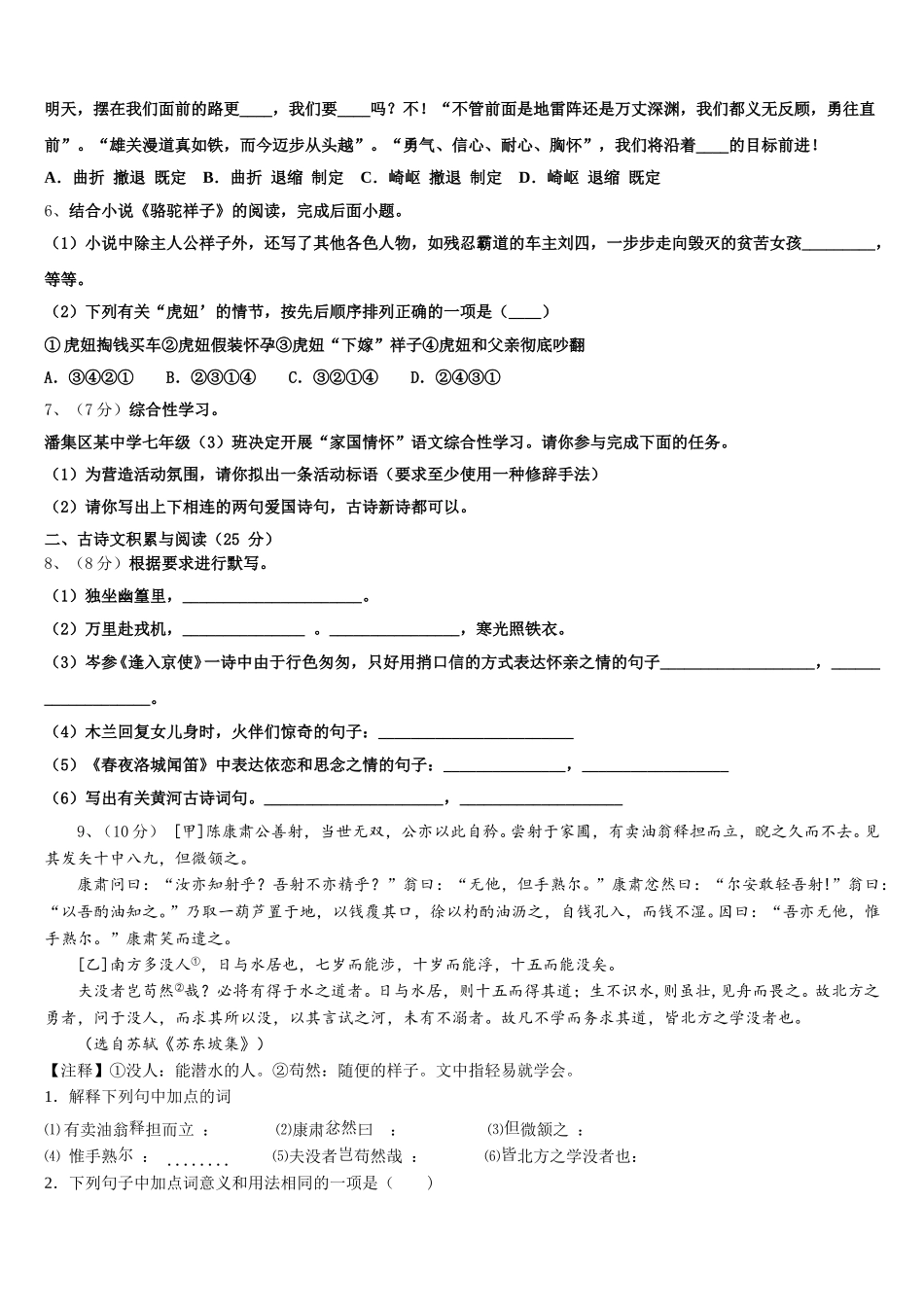 河南省郑州一中2025年七年级语文第二学期期中复习检测试题含解析_第2页