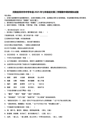 河南省郑州市中学牟县2025年七年级语文第二学期期中调研模拟试题含解析