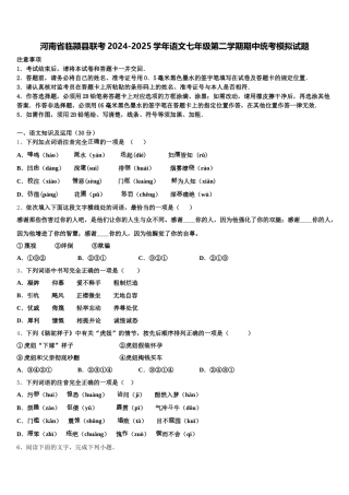 河南省临颍县联考2024-2025学年语文七年级第二学期期中统考模拟试题含解析
