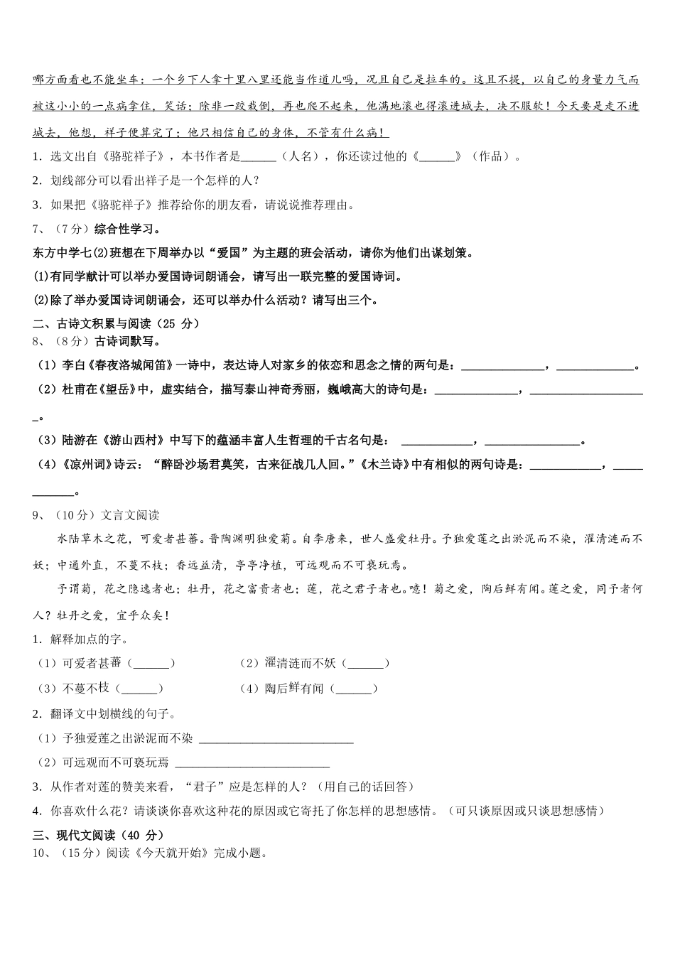 2024-2025学年河南省驻马店市泌阳县语文七年级第二学期期中考试模拟试题含解析_第2页