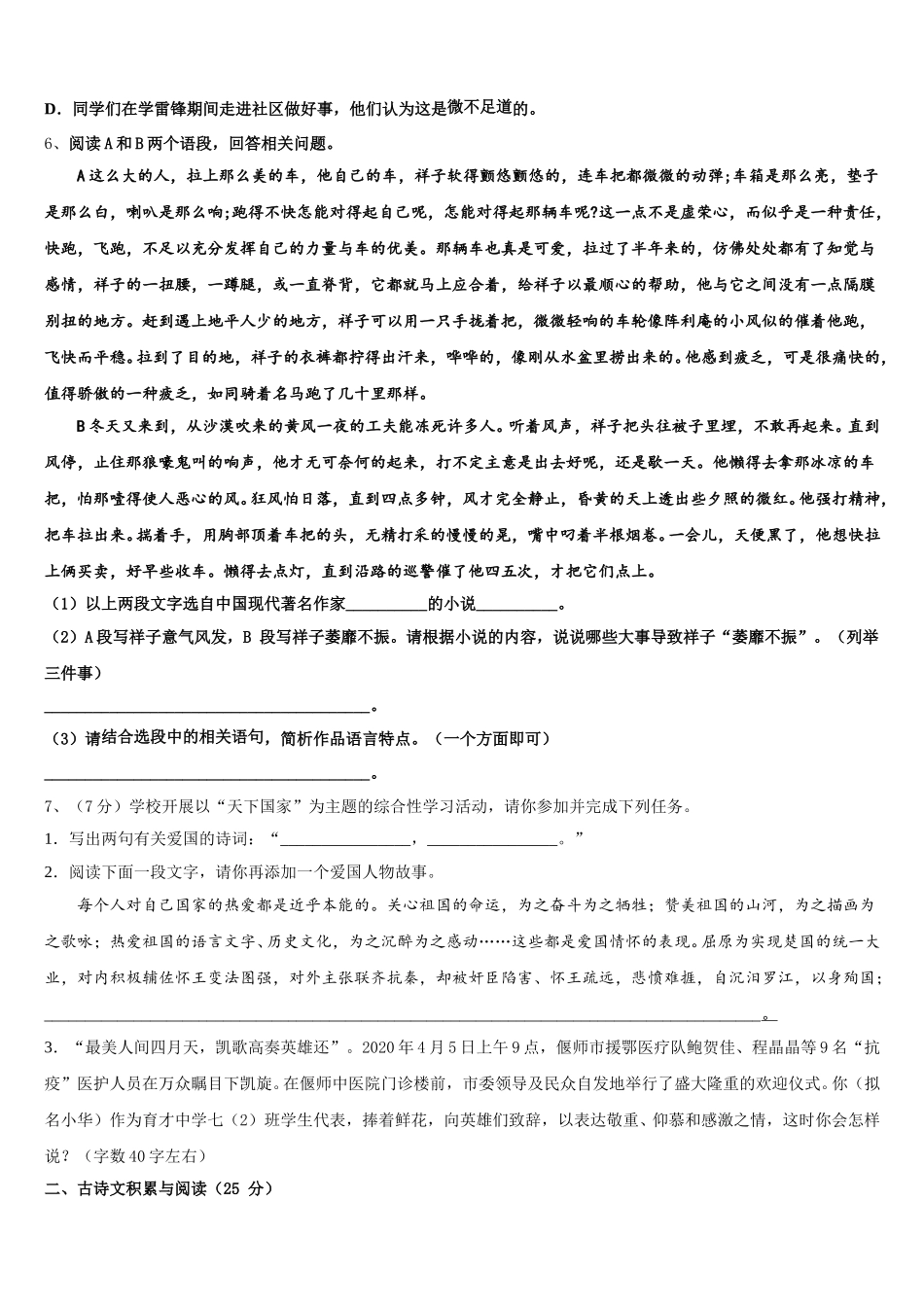 河南省商丘市拓城县2024-2025学年七年级语文第二学期期中综合测试试题含解析_第2页