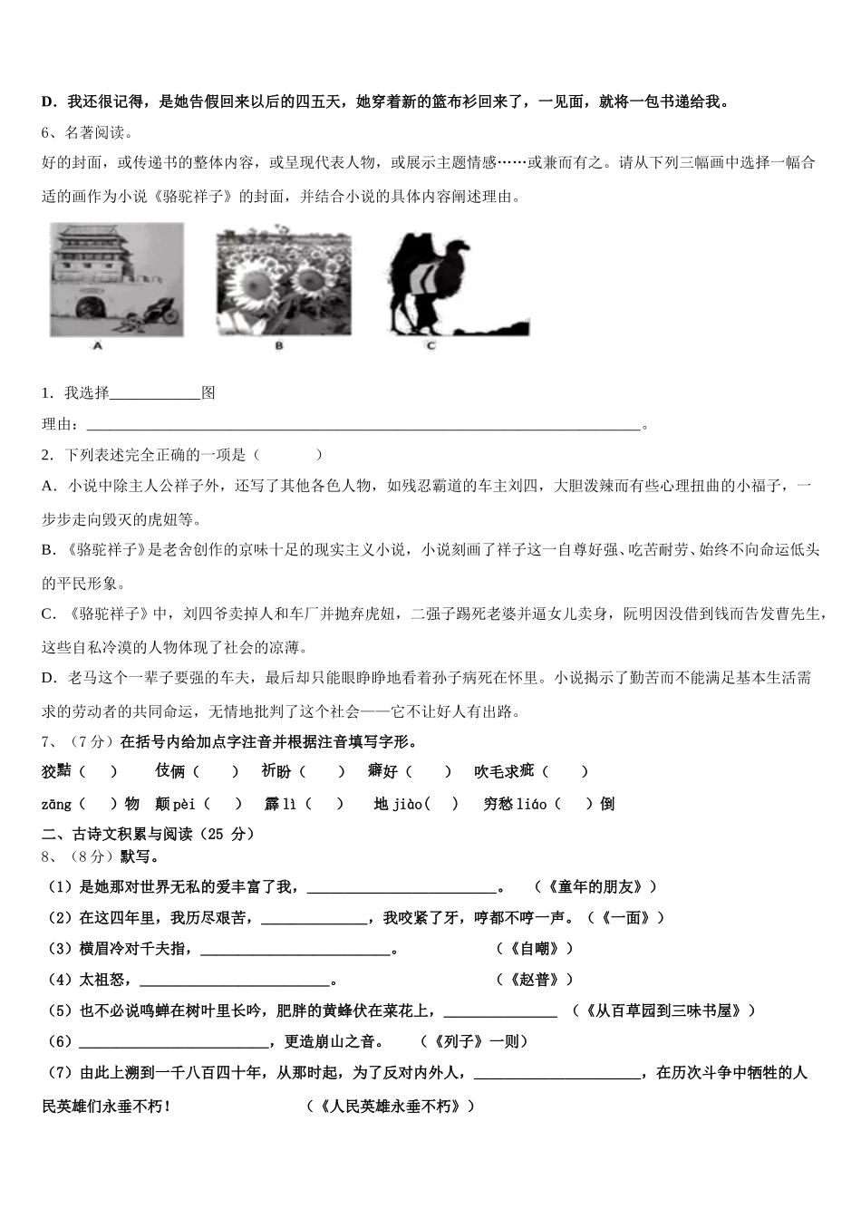 2025年河南省洛阳市涧西区东升二中学语文七下期中达标检测试题含解析_第2页