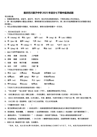 重庆巴川量子中学2025年语文七下期中监测试题含解析