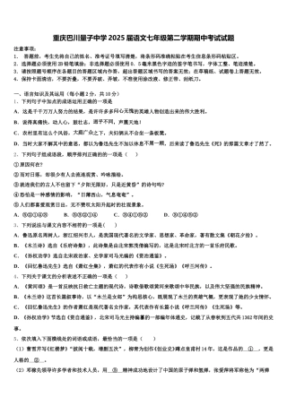 重庆巴川量子中学2025届语文七年级第二学期期中考试试题含解析
