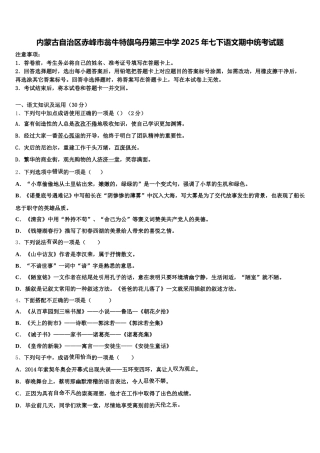 内蒙古自治区赤峰市翁牛特旗乌丹第三中学2025年七下语文期中统考试题含解析