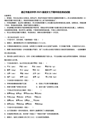 通辽市重点中学2025届语文七下期中综合测试试题含解析