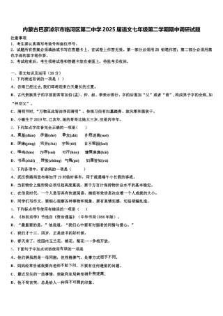 内蒙古巴彦淖尔市临河区第二中学2025届语文七年级第二学期期中调研试题含解析