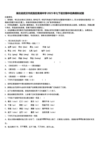 湖北省武汉市武昌区南湖中学2025年七下语文期中经典模拟试题含解析
