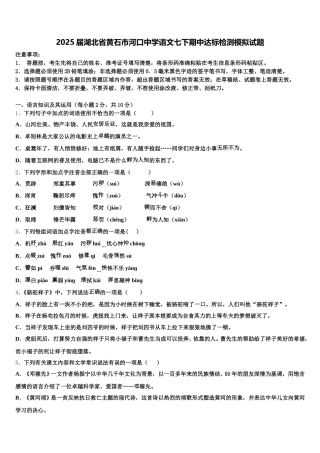 2025届湖北省黄石市河口中学语文七下期中达标检测模拟试题含解析