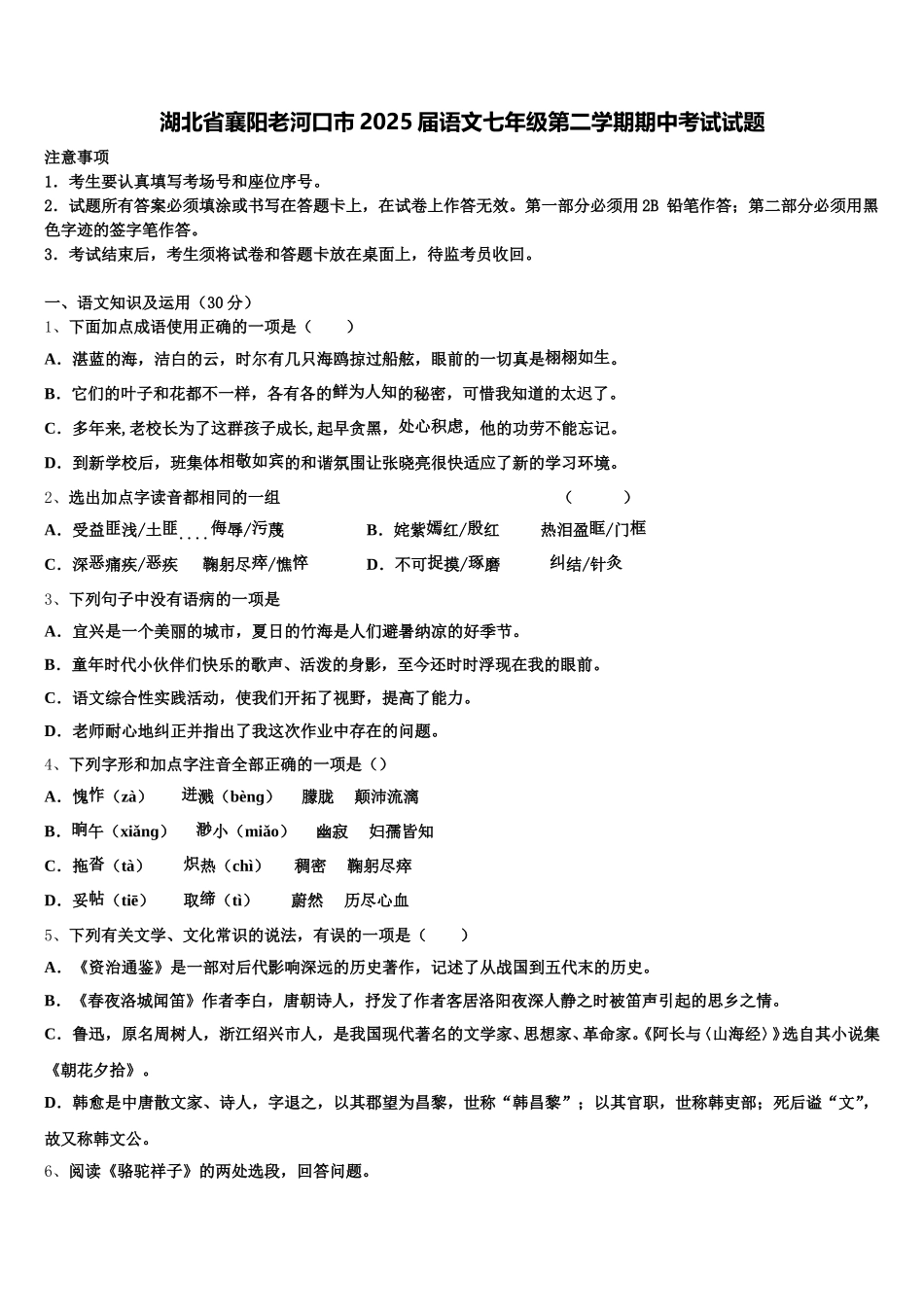 湖北省襄阳老河口市2025届语文七年级第二学期期中考试试题含解析_第1页